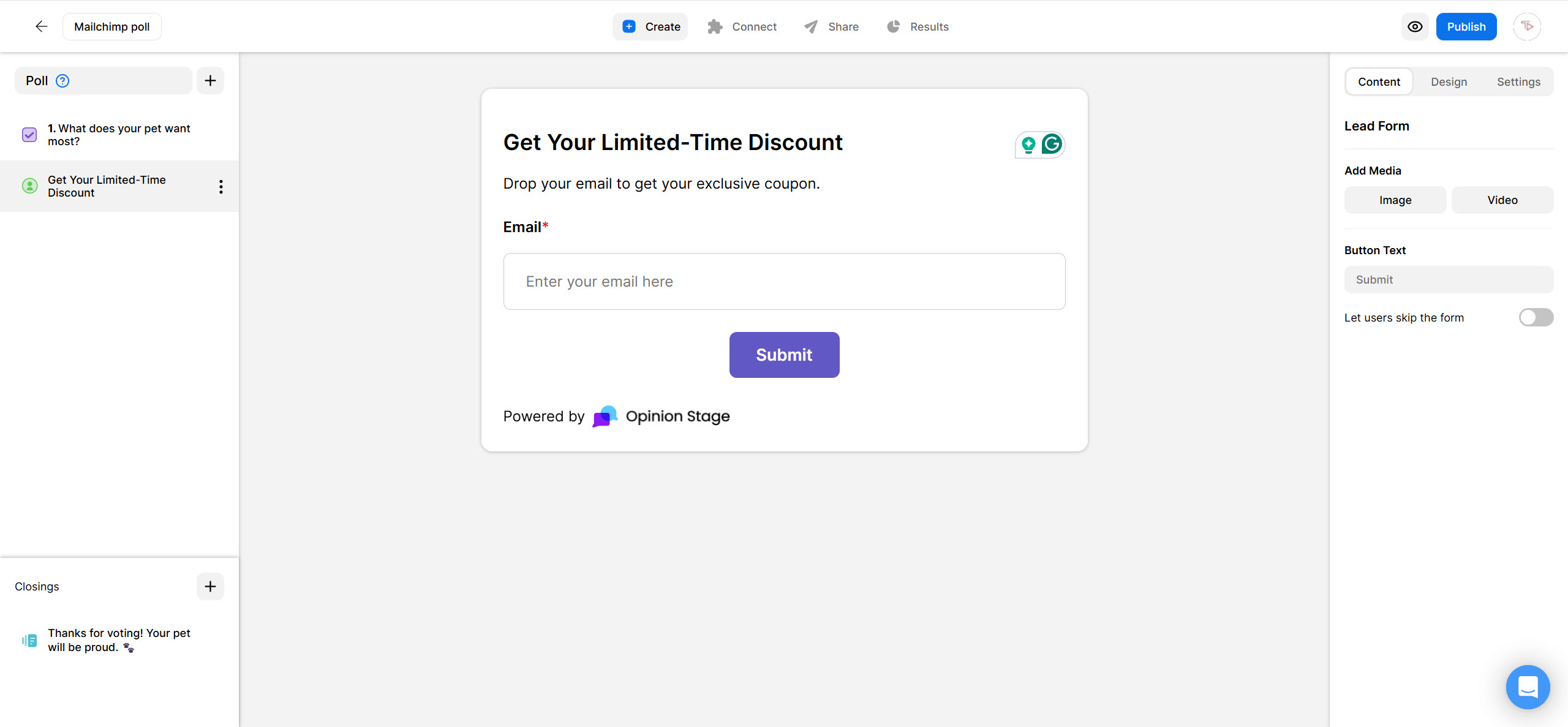 Opinion Stage editor showing a lead form titled ‘Get Your Limited-Time Discount,’ with an email field, Submit button, and settings panel on the right.