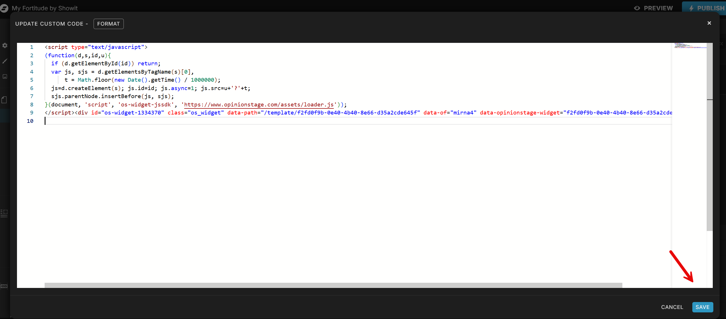 Add your quiz embed code to the embed block on your Showit site.