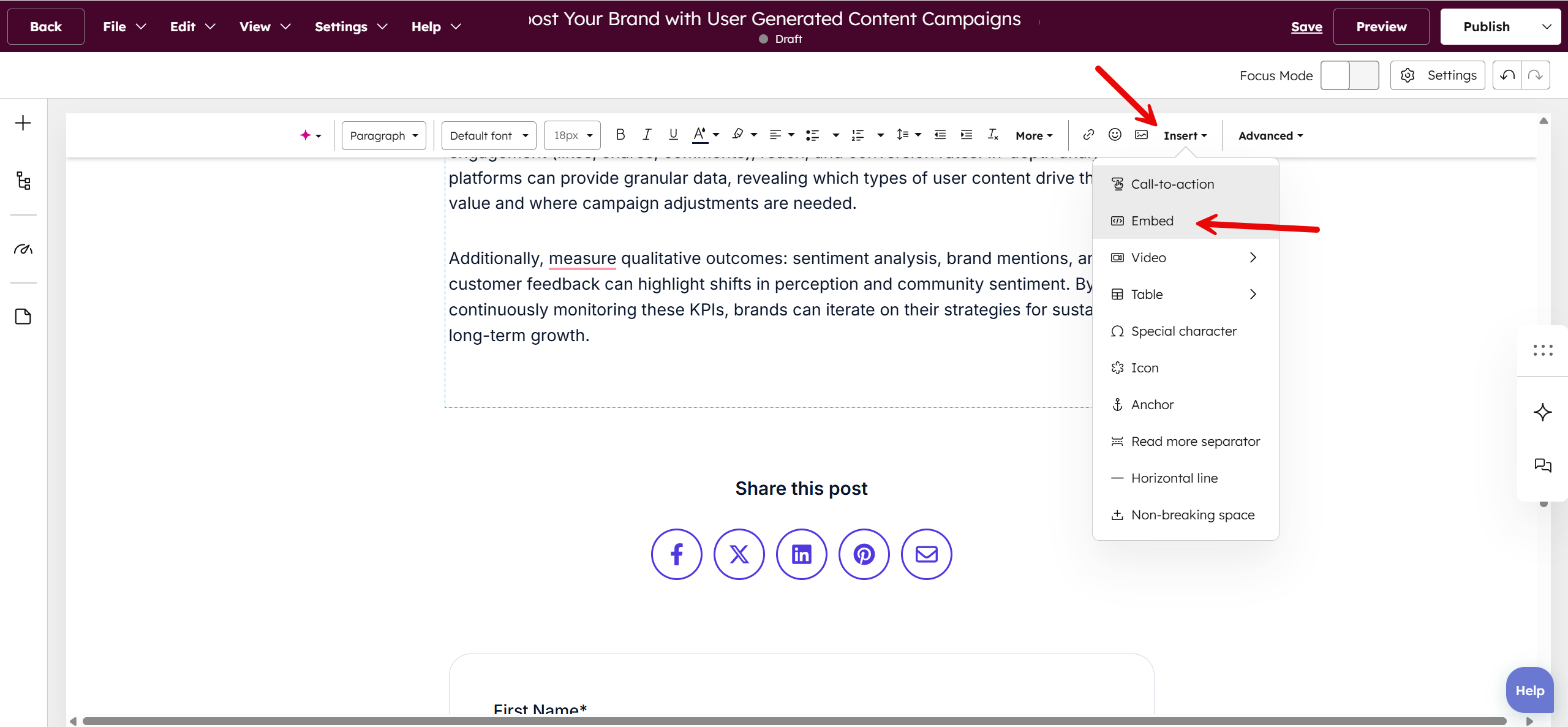 Screenshot of the HubSpot blog editor showing the ‘Insert’ menu open with the ‘Embed’ option highlighted, indicating where to paste the quiz embed code.