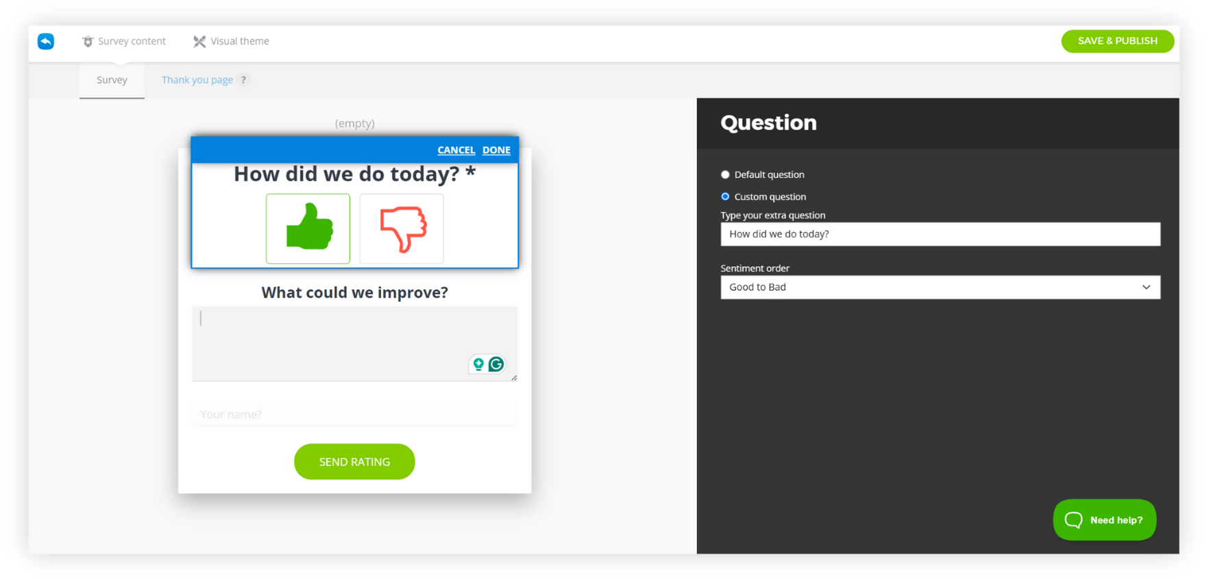 Screenshot of Nicereply’s survey creation interface showing a customer feedback question.