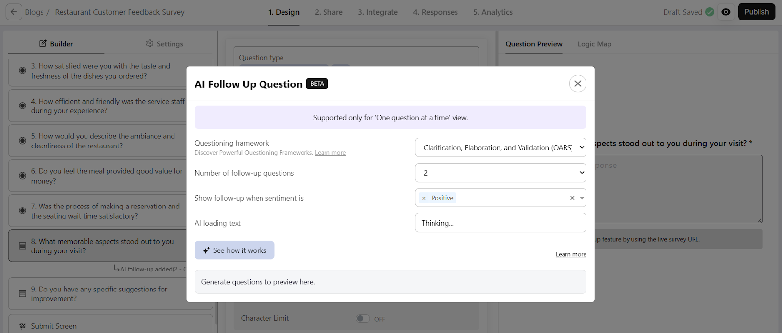 Screenshot of the BlockSurvey interface showing the “AI Follow Up Question” settings window, where users can customize automated follow-up questions.