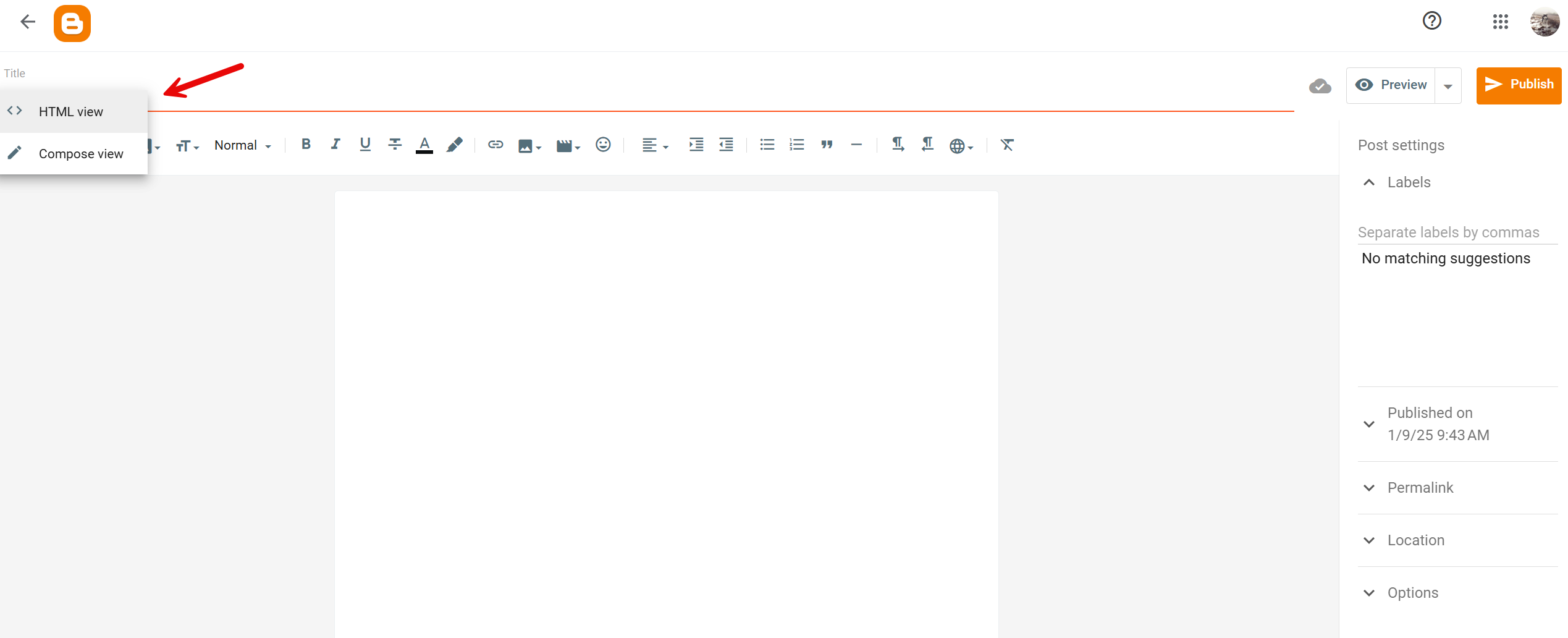 Image showing how you can select the HTML view on Blogger so you can add a quiz, survey, or poll using the Opinion Stage quiz maker.
