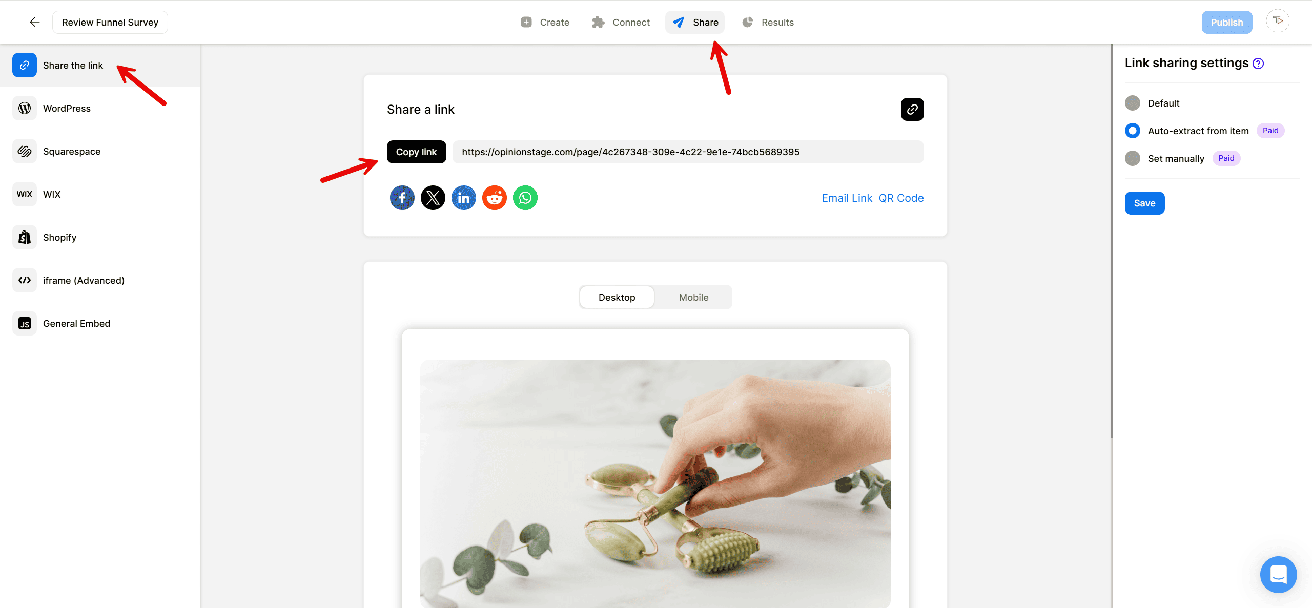 Opinion Stage Share screen showing the ‘Share the link’ option, Copy Link button, social share icons, and a preview of the survey with link-sharing settings on the right.