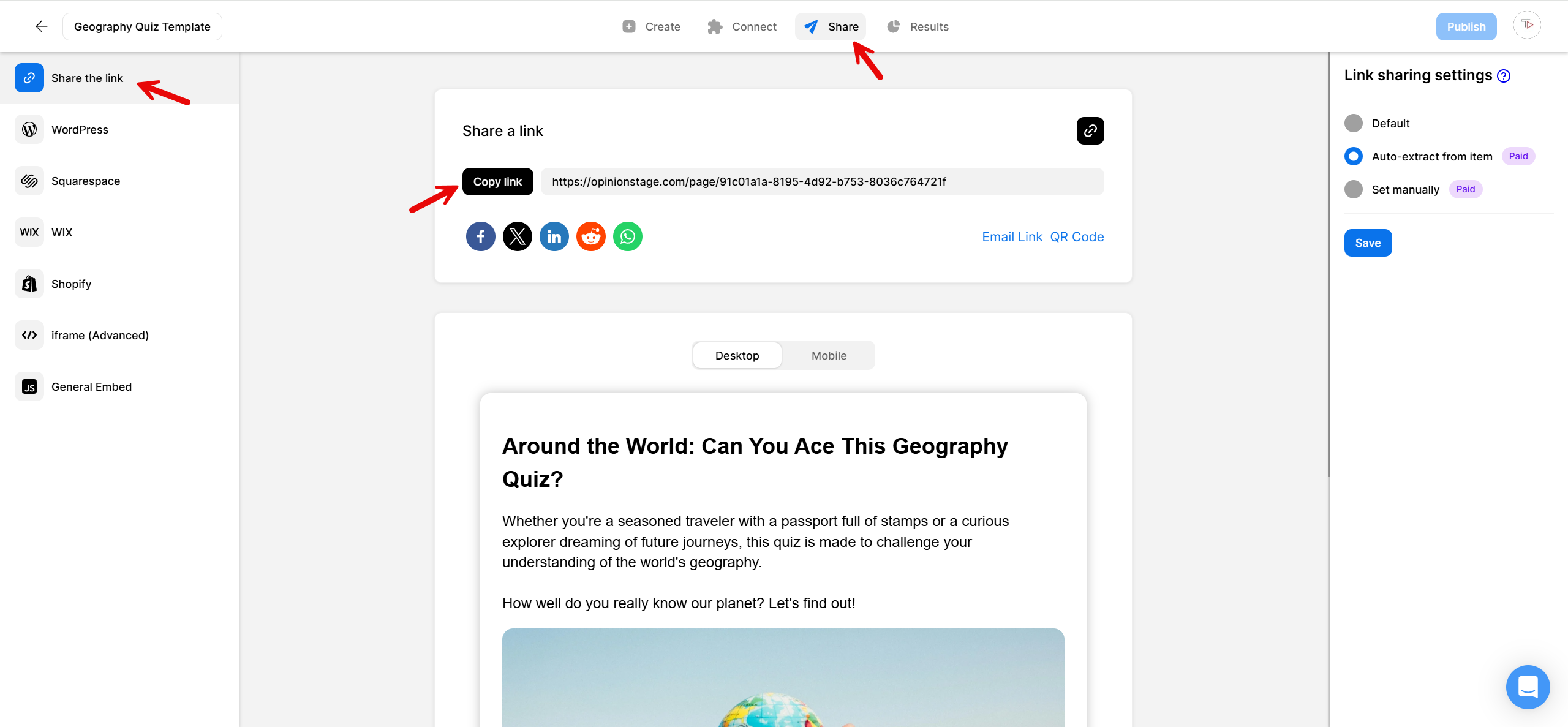Screenshot of the Opinion Stage Share tab showing the Copy Link button, share URL, social icons, and a preview of the geography quiz, with share options listed on the left.