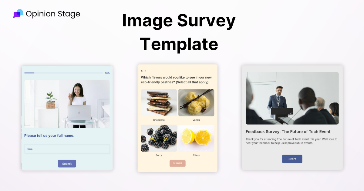 Three image-based survey examples from Opinion Stage displayed side by side. The first shows a name entry field with a smiling woman on a laptop; the second shows a flavor preference question with images of chocolate, vanilla, berry, and citrus; the third shows a feedback survey titled &ldquo;The Future of Tech Event&rdquo; with an image of a speaker at a podium. Large title above reads &ldquo;Image Survey Template.&rdquo;