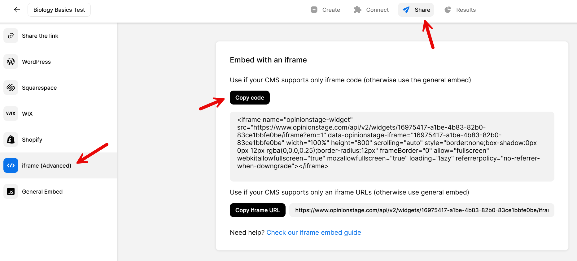 Screenshot of the Share tab in Opinion Stage showing how to embed a knowledge quiz with an iframe. Red arrows highlight the “iframe (Advanced)” option, the “Copy code” button, and the “Share” tab.