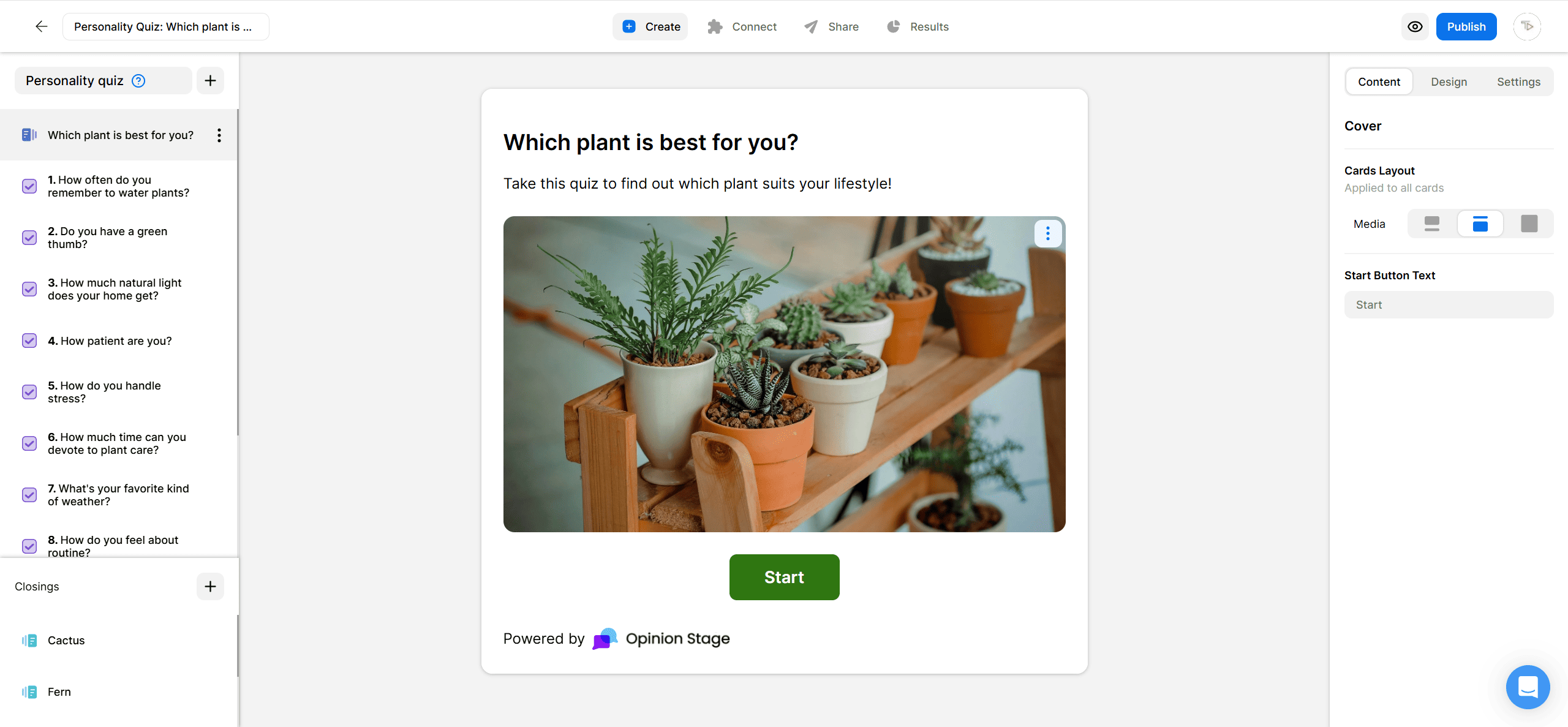 Screenshot of an Opinion Stage personality quiz titled ‘Which plant is best for you?’ showing the quiz cover image of various potted plants and a green Start button.