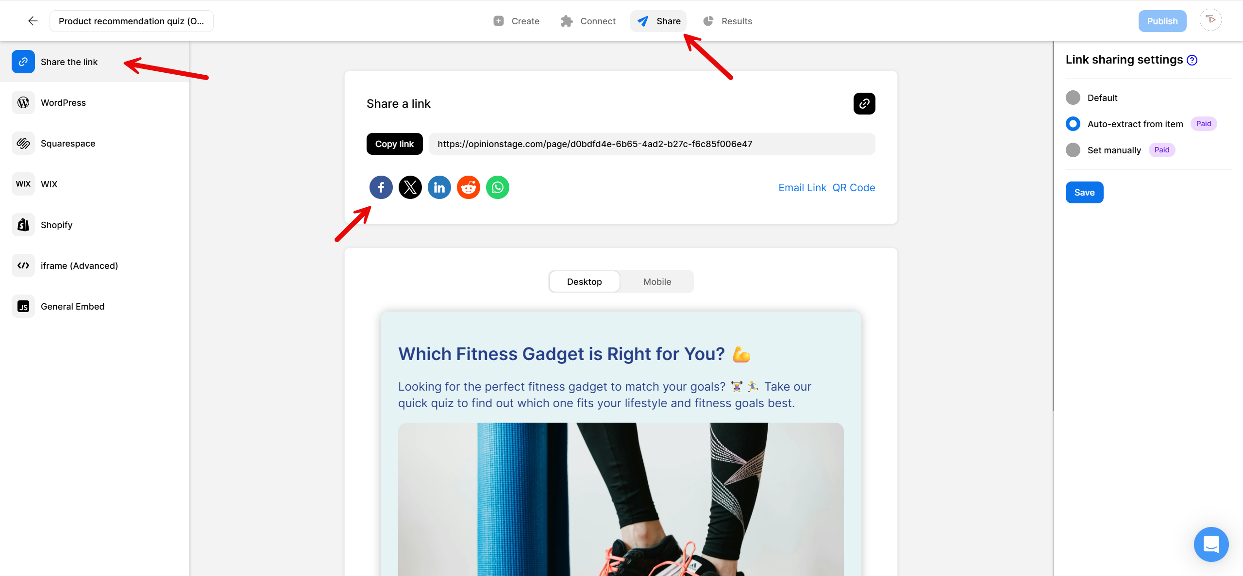 Screenshot of the Opinion Stage quiz editor showing how to share a quiz on Facebook. The “Share” tab at the top and the “Share the link” option in the left sidebar are highlighted with red arrows. Another red arrow points to the Facebook icon under the share options, indicating where to click to share the quiz directly to Facebook.