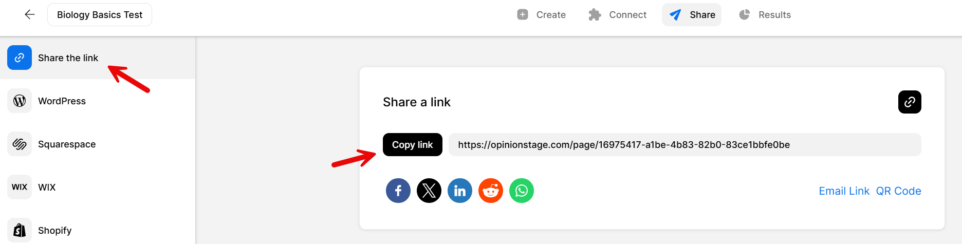 Screenshot of the Opinion Stage ‘Share a link’ section showing the Share tab selected, the Copy Link button, and social sharing icons.