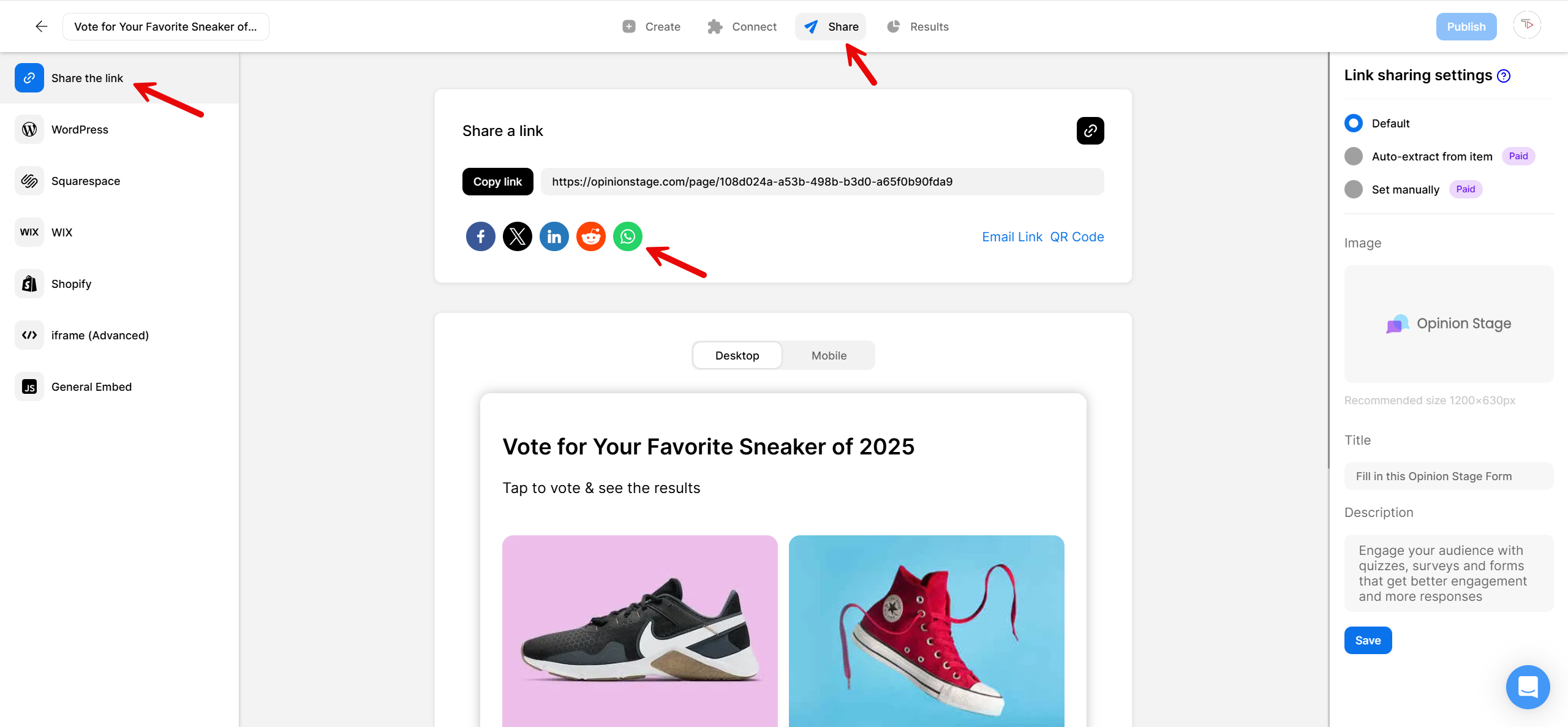 Opinion Stage Share screen with the Share the link option selected, showing the poll URL, social sharing icons including WhatsApp, and a preview of the ‘Vote for Your Favorite Sneaker of 2025’ poll.