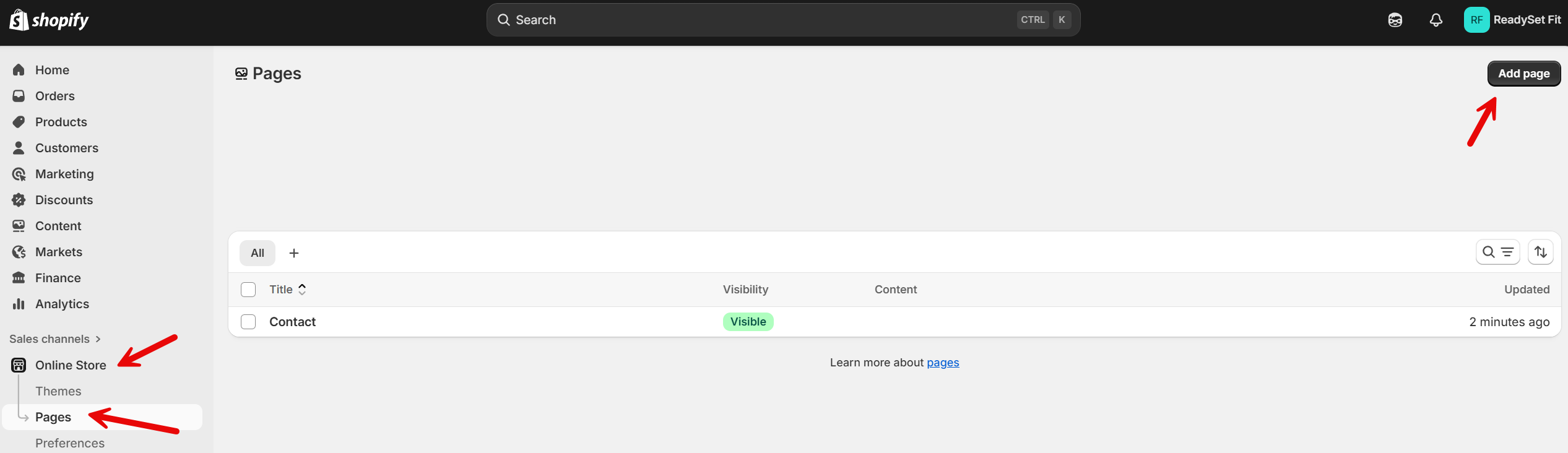 Screenshot of the Shopify admin dashboard showing the “Pages” section under Online Store. Red arrows point to the “Online Store” menu item, the “Pages” submenu, and the “Add page” button in the top-right corner.