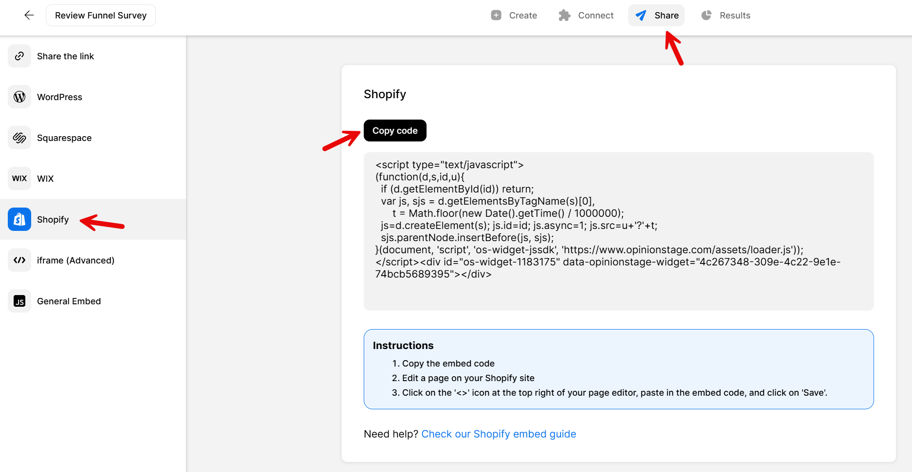 Opinion Stage Share screen showing the Shopify embed option with a ‘Copy code’ button, embed script, and step-by-step instructions for adding the survey to a Shopify page.