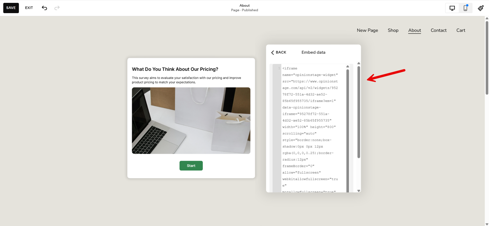 Screenshot of a Squarespace page in edit mode showing a pricing survey embedded on the left and the ‘Embed data’ panel open on the right. The panel displays the iframe embed code, highlighted by a red arrow pointing to the scrollbar.