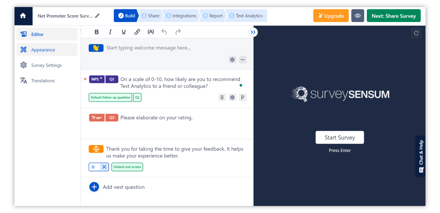 One of the best free survey tools, SurveySensum.
