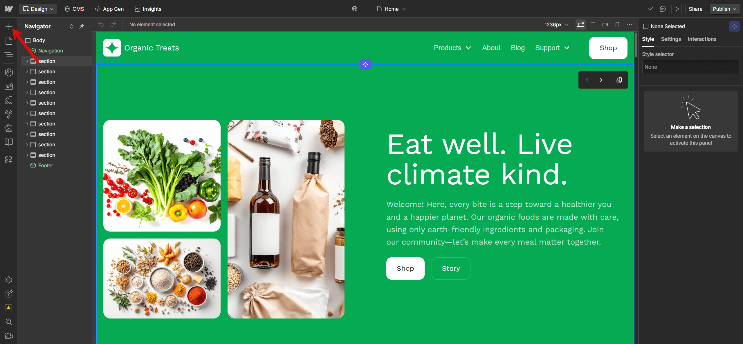Screenshot of the Webflow Designer showing the Navigator panel on the left and a webpage layout on the right. A red arrow points to the plus (+) icon in the left toolbar, indicating where to add a new element to embed a quiz.