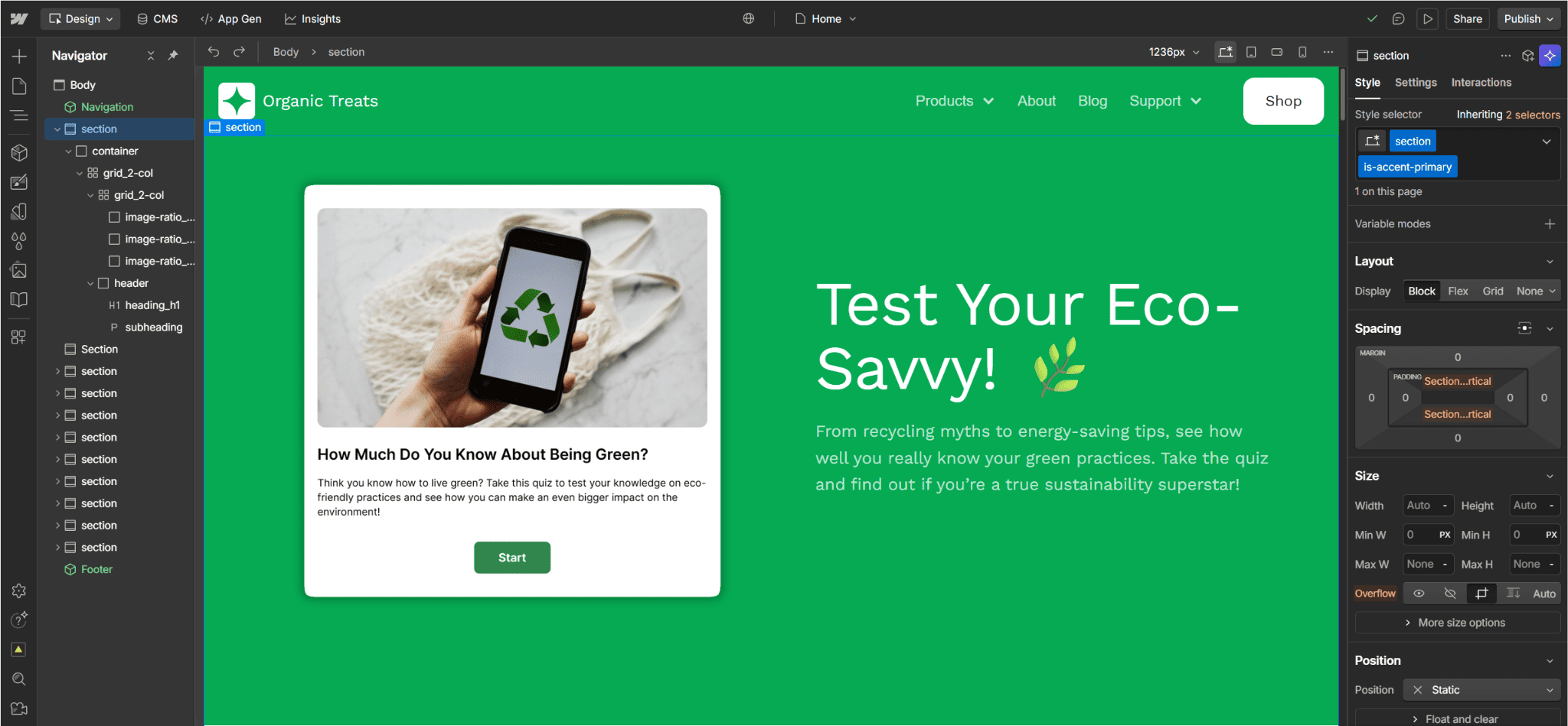 Webflow interface showing a quiz card titled “How Much Do You Know About Being Green?” placed on a green webpage design, with a preview of the layout and the Webflow settings panel visible on the right.