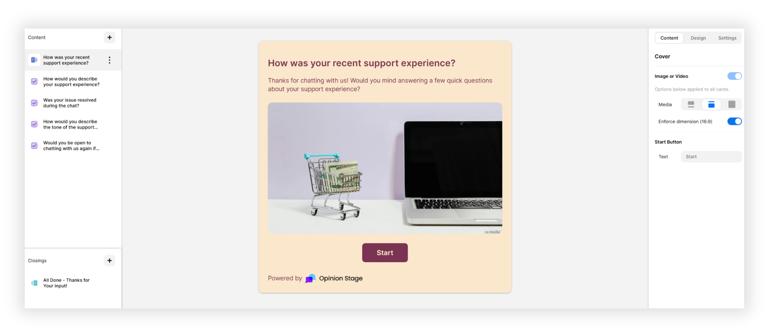 Image of a customer service survey being created with the Opinion Stage survey maker.