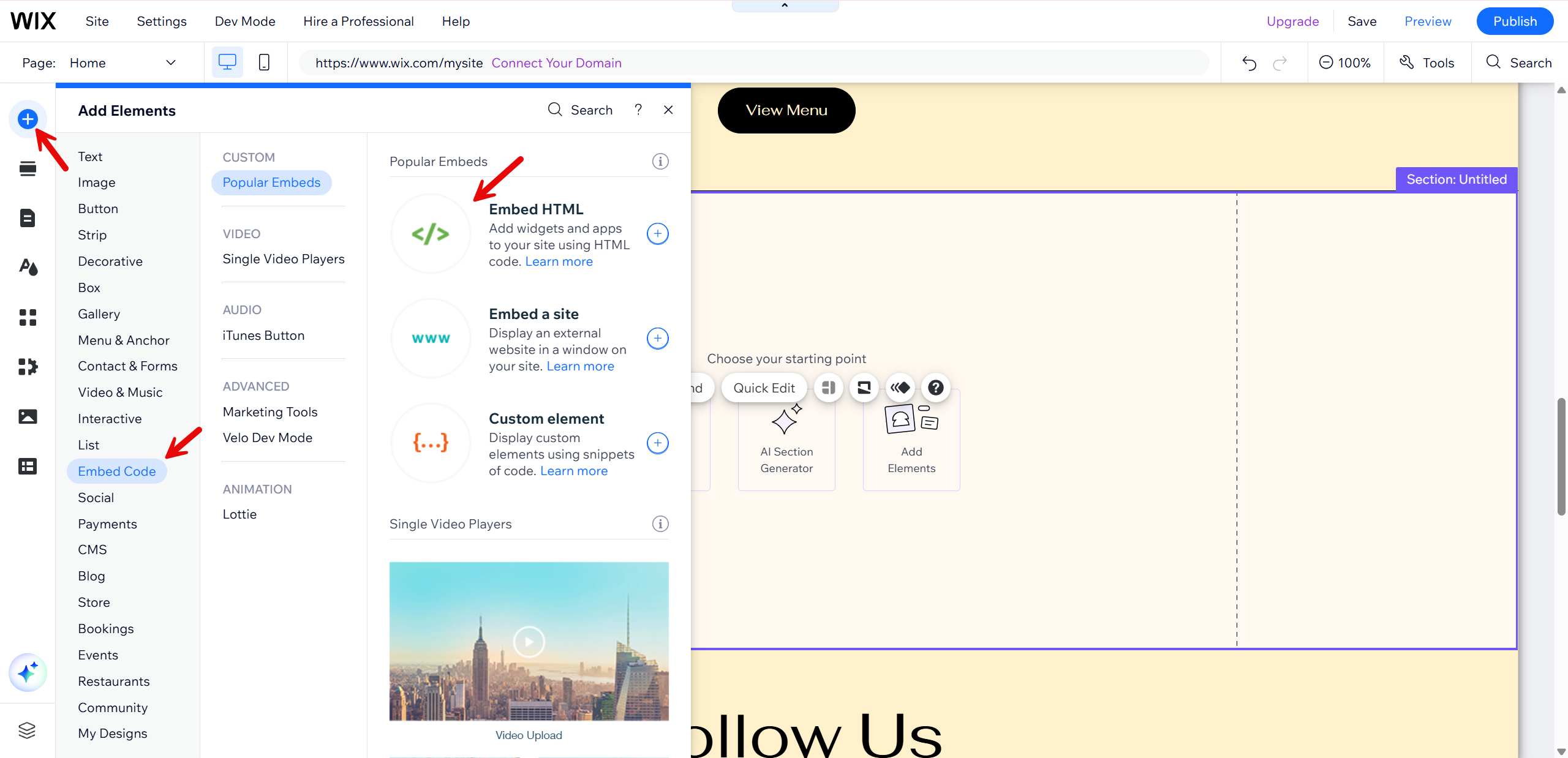 Screenshot of the Wix Editor showing how to add a survey embed. The Add Elements panel is open with arrows pointing to the plus (+) button, the ‘Embed Code’ category on the left, and the ‘Embed HTML’ option under Popular Embeds.